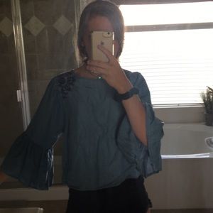 Embroidered bell out sleeve shirt